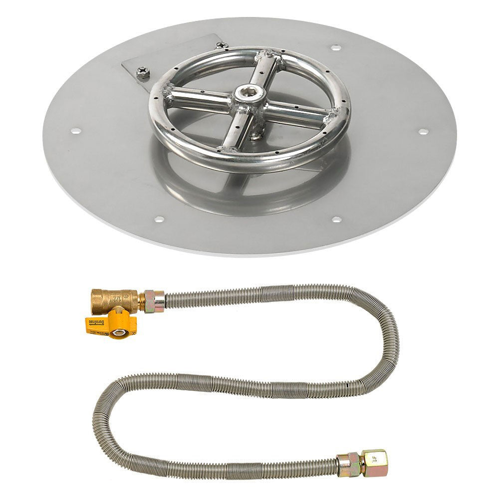 Round stainless burner pan with cross-mount burner and flexible gas hose kit