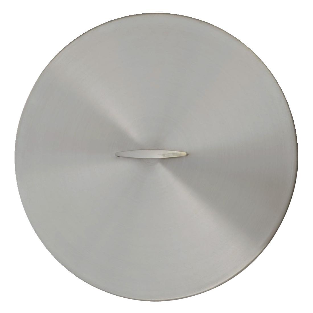 Round brushed stainless steel fire pit cover with small center handle tab