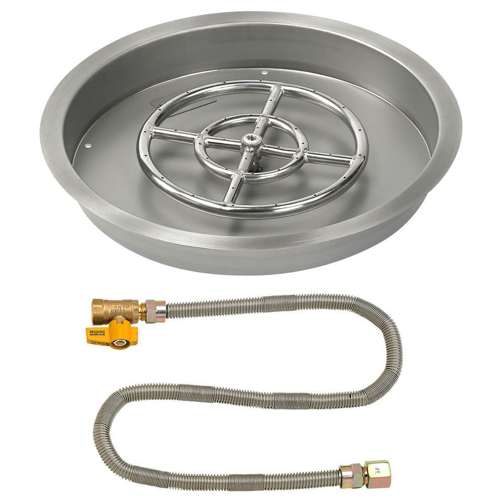 Round fire pit bowl pan with ignition burner and flexible gas hose set