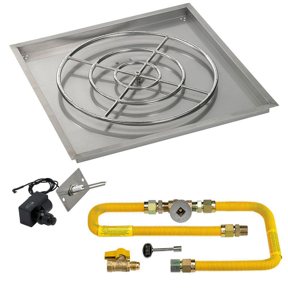 Square metal burner pan kit with round grate, yellow gas hoses, and igniter