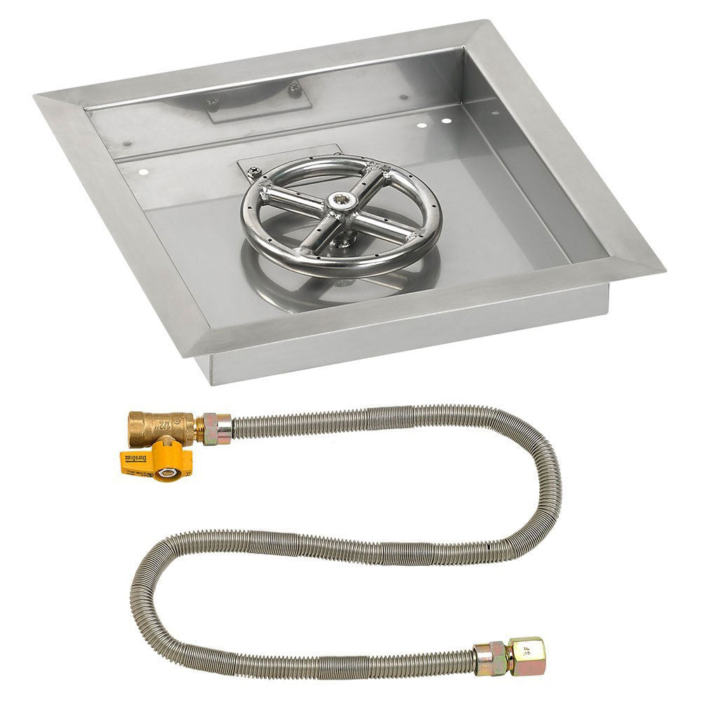 Square stainless fire pit pan with circular burner ring and grey gas hose with brass connector