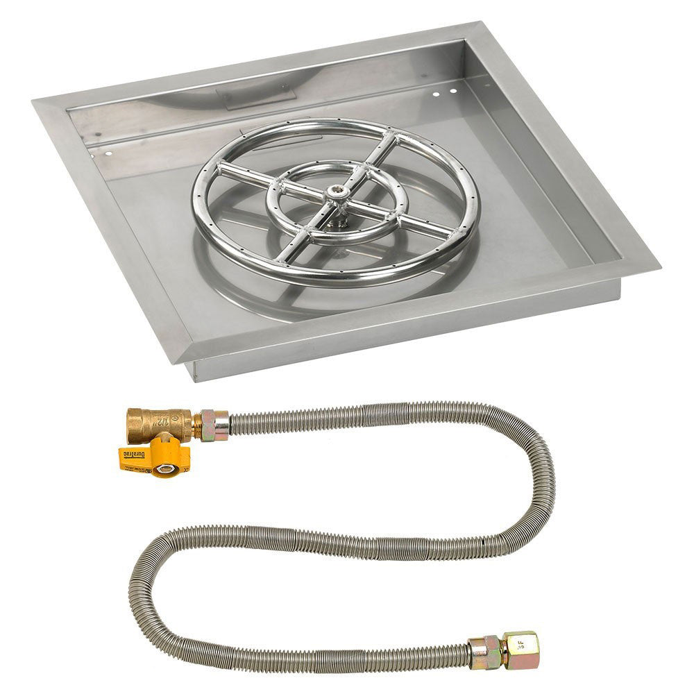 Square stainless fire pit pan with circular burner ring and grey gas hose with brass fittings