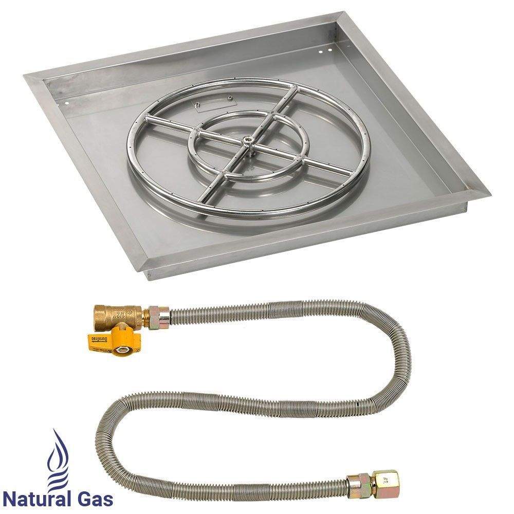 Square stainless fire pit pan with circular burner ring and gas hose with brass fittings