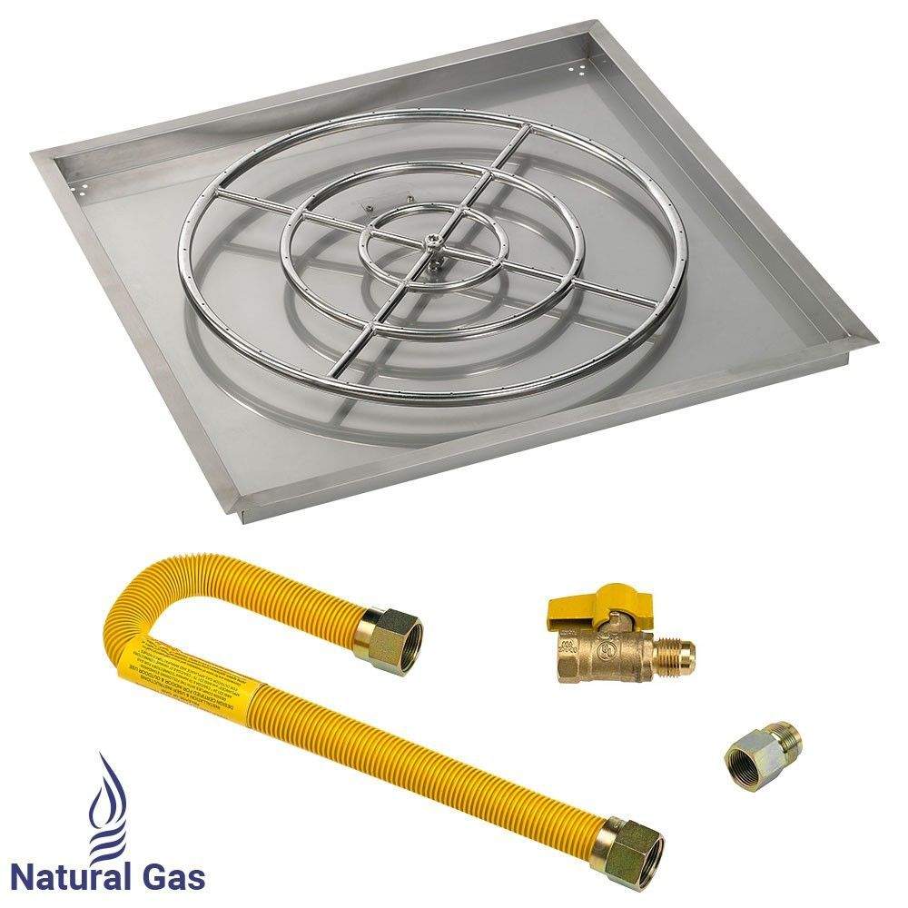 Square stainless fire pit pan with circular burner and yellow gas hose with brass valve parts