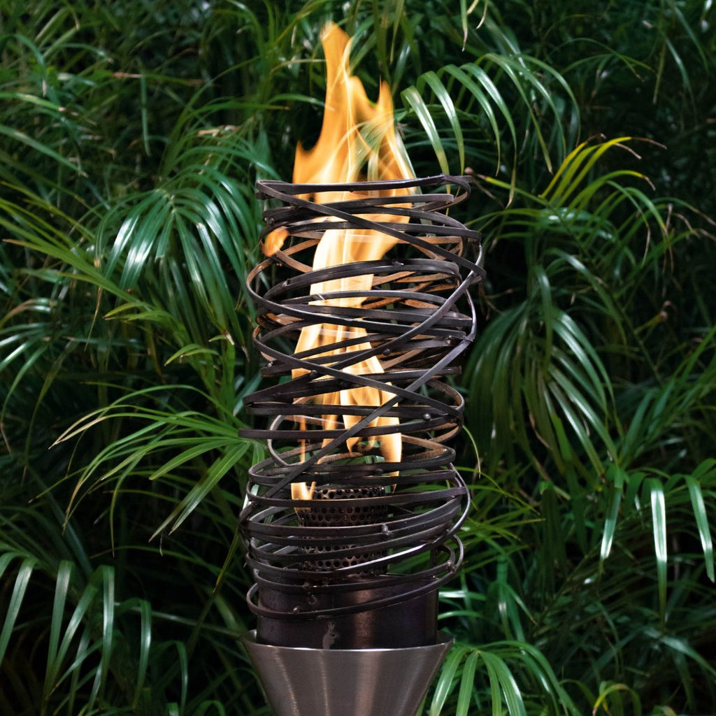 Cyclone torch burner with visible flame, black metal mesh cup
