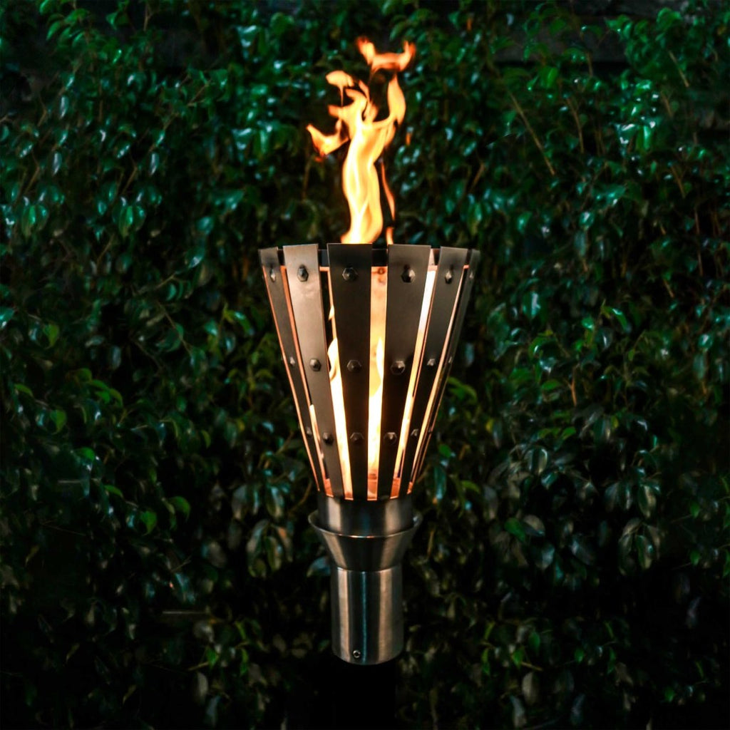 Outdoor torch flame with metal burner bowl and protective guard
