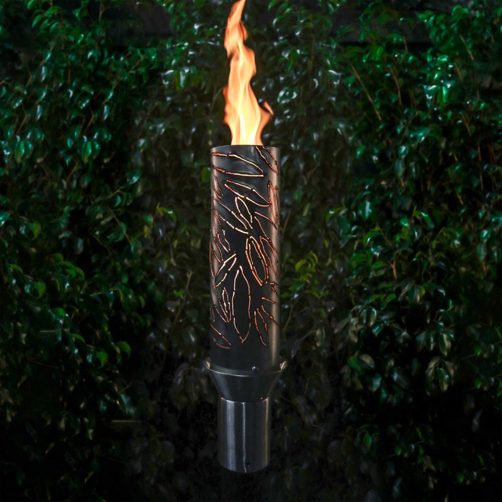 Outdoor torch with dark metal column and flame, curved pattern lines